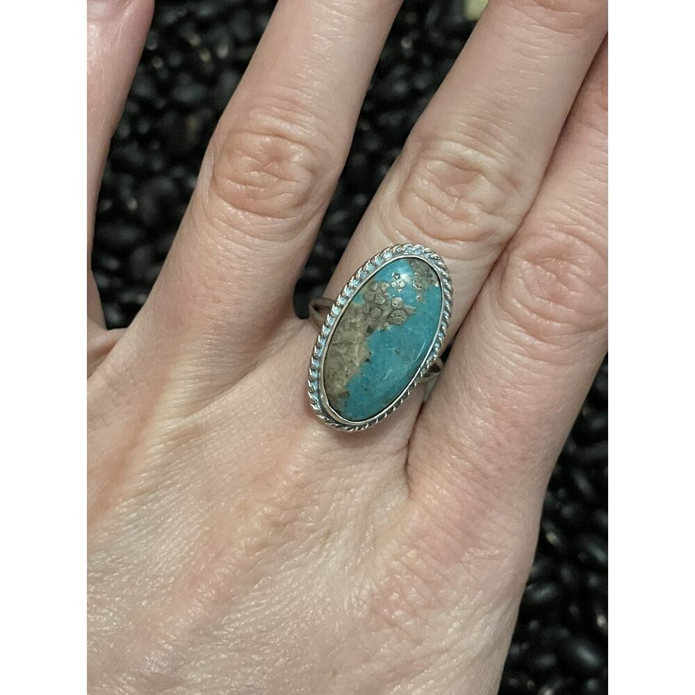 Native Sterling Silver Kenny Ray Signed Turquoise Ring~Blue Oval Size 7